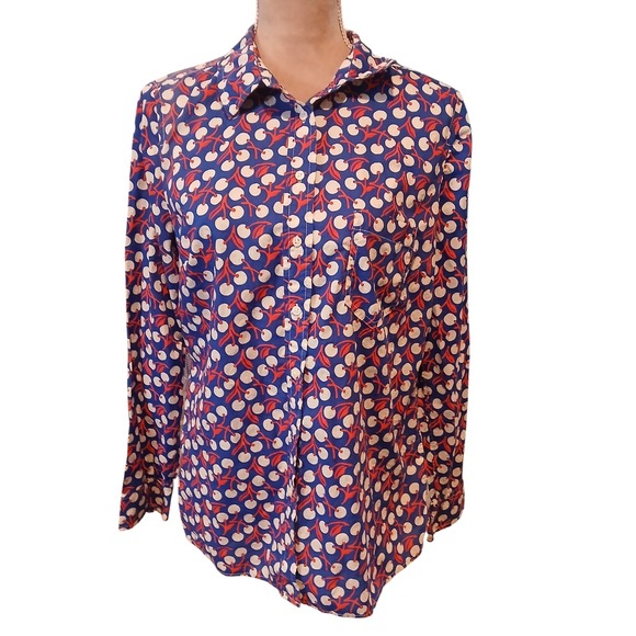 GAP Tops - Gap Medium Cherry Print Boyfriend Shirt Womens Red Blue Cotton Button Down